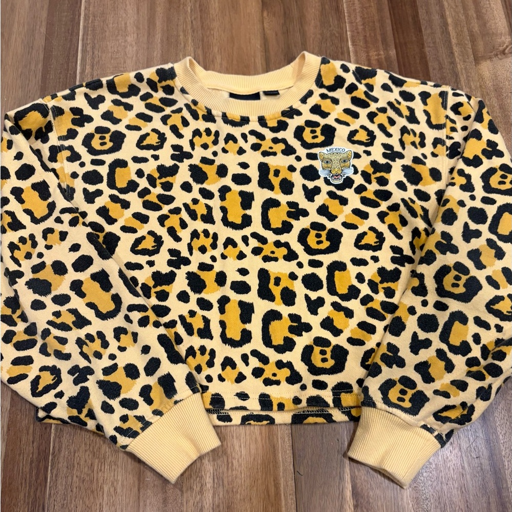Vans Yellow & Black Leopard Print Cropped Crewneck Sweater - XS